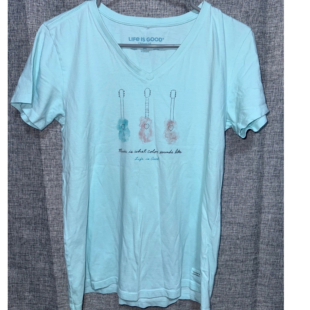 Life is Good Womens Crusher Tee Light Blue V-Neck Guitar Music Graphic Shirt M